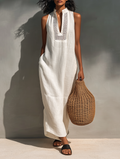 Women’s Minimalist Sleeveless Maxi Dress – Cutout Neckline Elegant Summer Long Dress