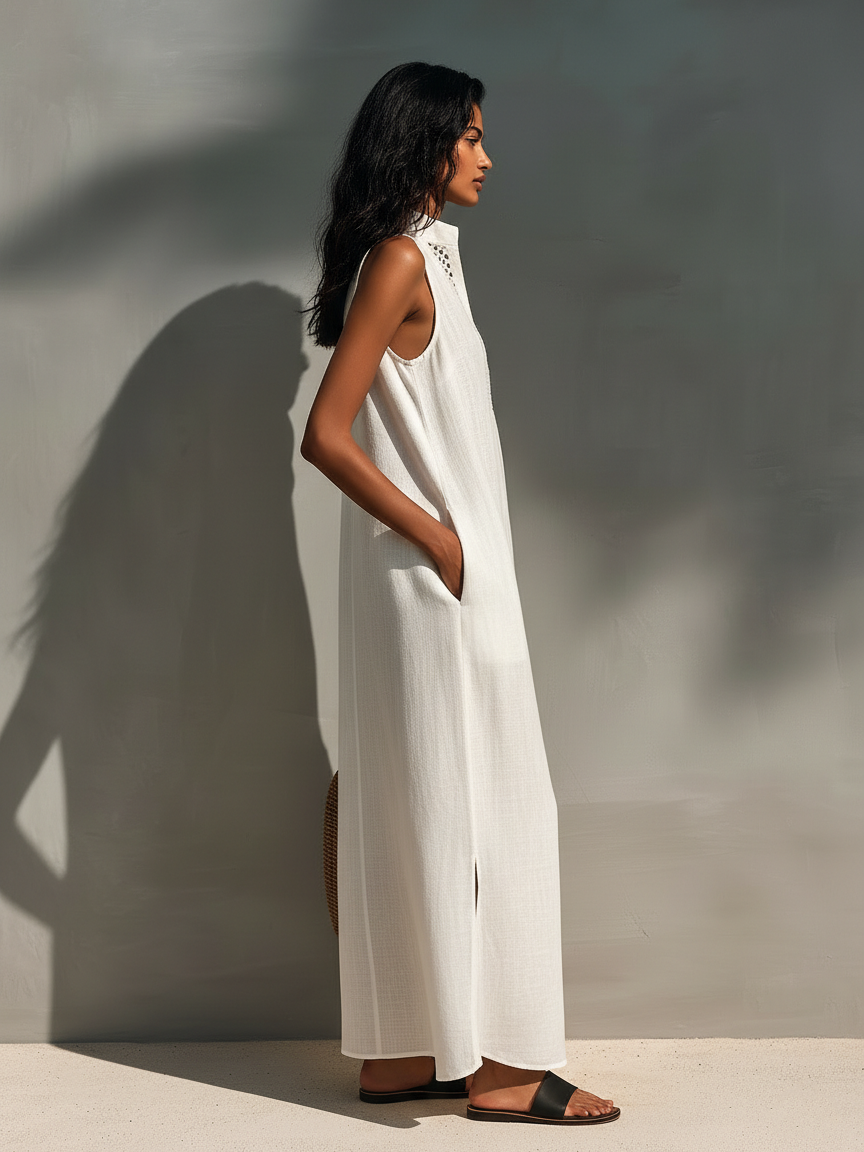 Women’s Minimalist Sleeveless Maxi Dress – Cutout Neckline Elegant Summer Long Dress
