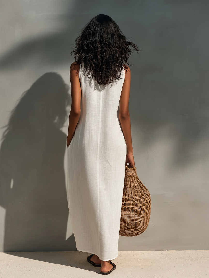 Women’s Minimalist Sleeveless Maxi Dress – Cutout Neckline Elegant Summer Long Dress