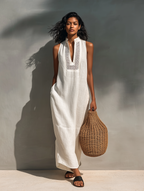 Women’s Minimalist Sleeveless Maxi Dress – Cutout Neckline Elegant Summer Long Dress