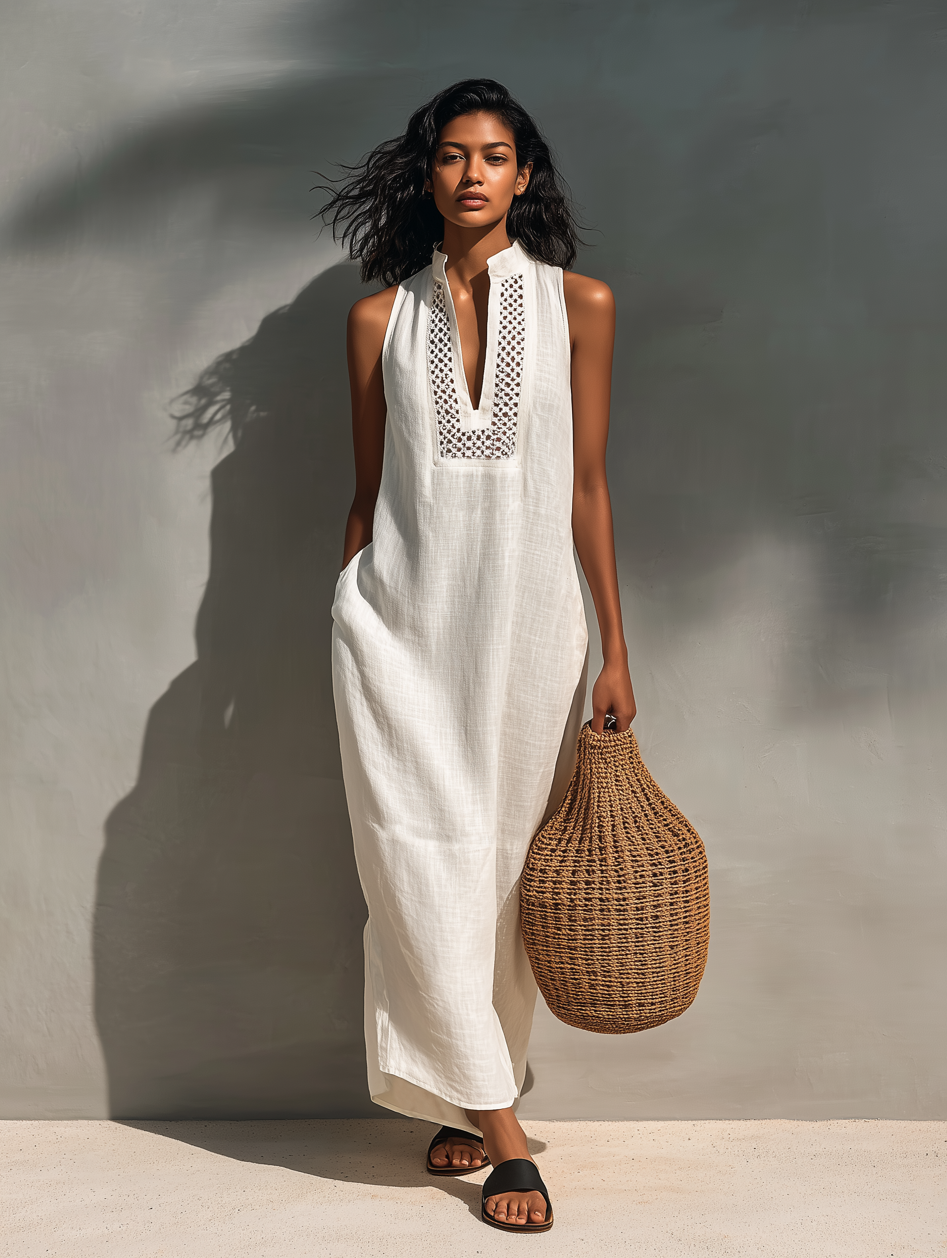 Women’s Minimalist Sleeveless Maxi Dress – Cutout Neckline Elegant Summer Long Dress