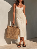 Women’s Minimalist Faux Suede Midi Dress — Square Neck, Spaghetti Straps, Single-Breasted Elegant Chic Dress