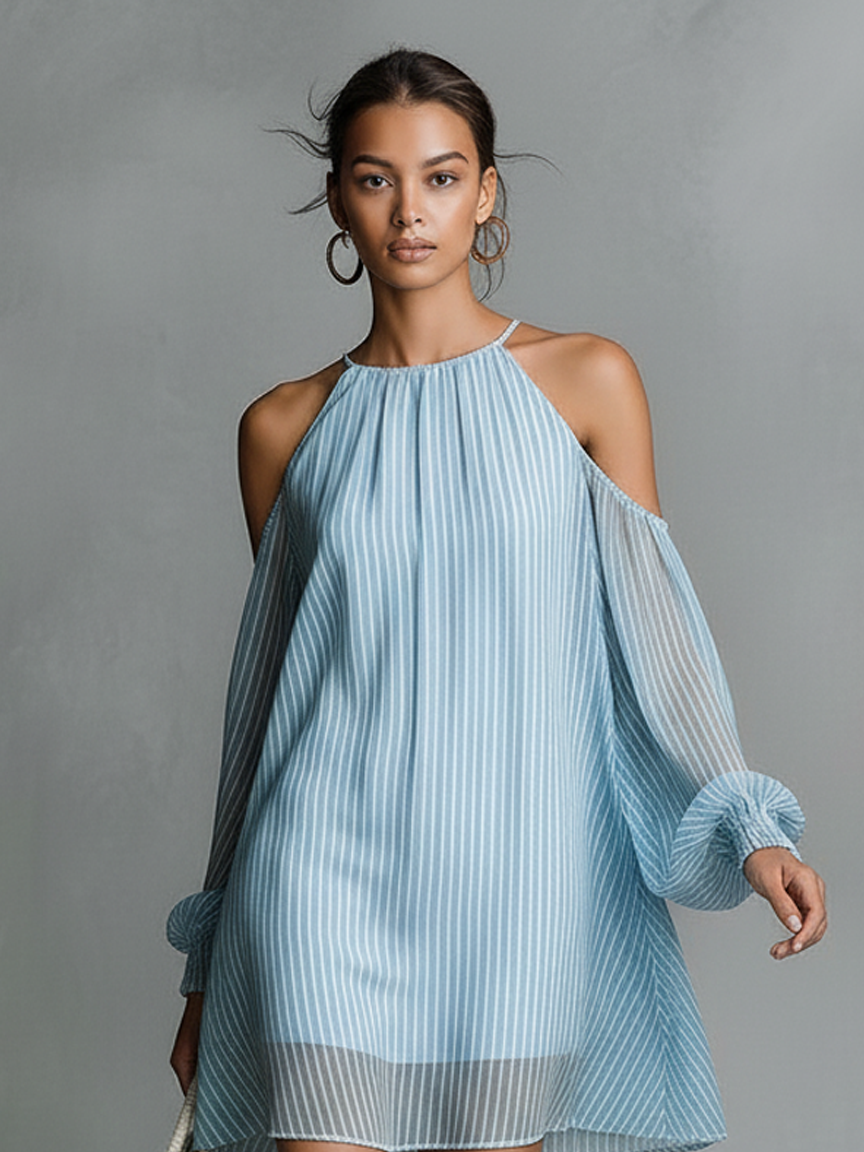 Women’s Minimalist Striped Chiffon Off-Shoulder Long-Sleeve Mini Dress – Elegant Flowing Summer Dress