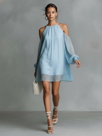 Women’s Minimalist Striped Chiffon Off-Shoulder Long-Sleeve Mini Dress – Elegant Flowing Summer Dress