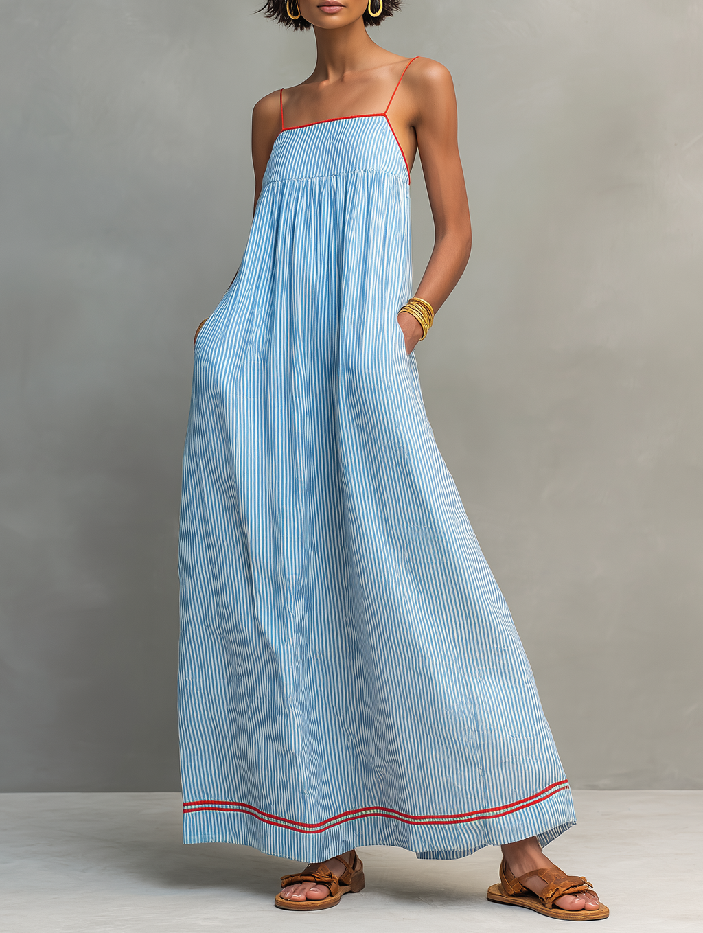 Women’s Minimalist Striped Maxi Dress with Red Trim & Spaghetti Straps