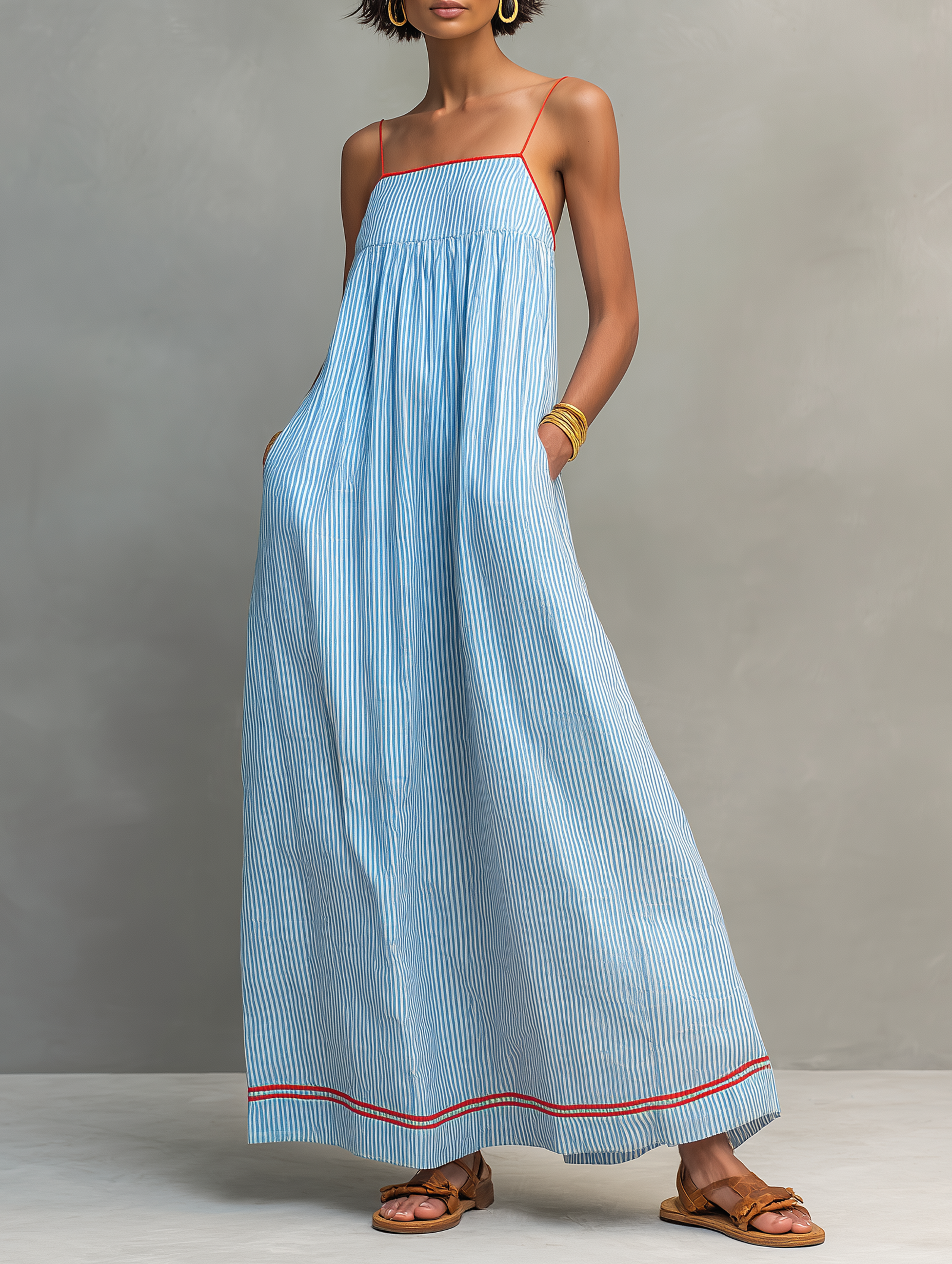 Women’s Minimalist Striped Maxi Dress with Red Trim & Spaghetti Straps