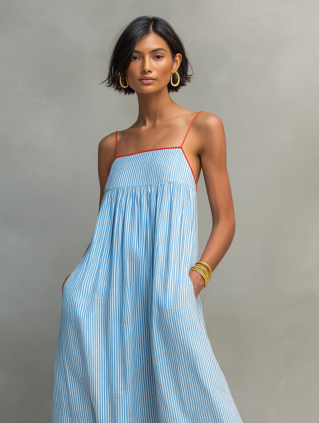 Women’s Minimalist Striped Maxi Dress with Red Trim & Spaghetti Straps