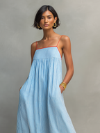 Women’s Minimalist Striped Maxi Dress with Red Trim & Spaghetti Straps