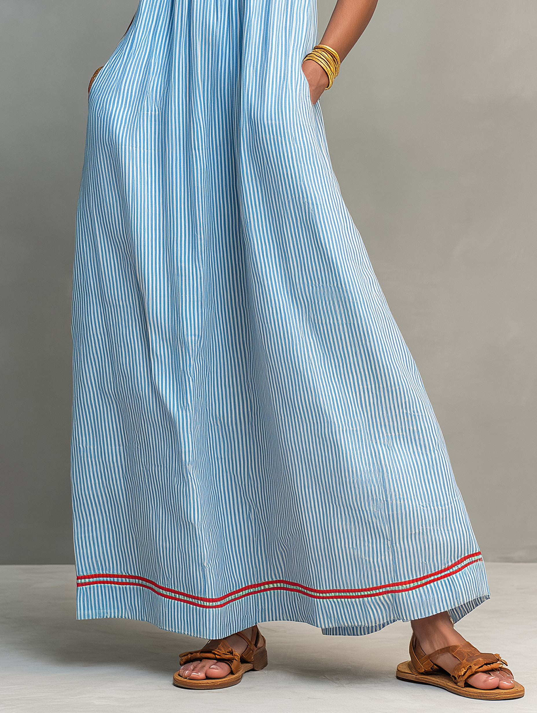Women’s Minimalist Striped Maxi Dress with Red Trim & Spaghetti Straps