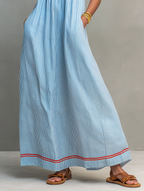 Women’s Minimalist Striped Maxi Dress — Red Trim Spaghetti Strap Summer Elegant Flowy Dress