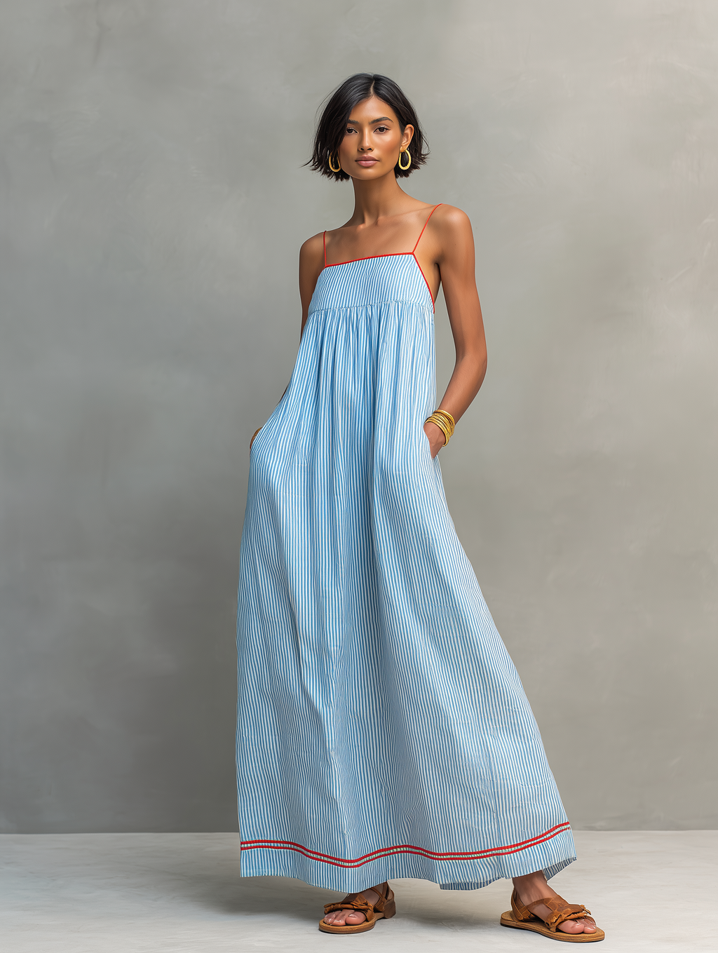 Women’s Minimalist Striped Maxi Dress with Red Trim & Spaghetti Straps
