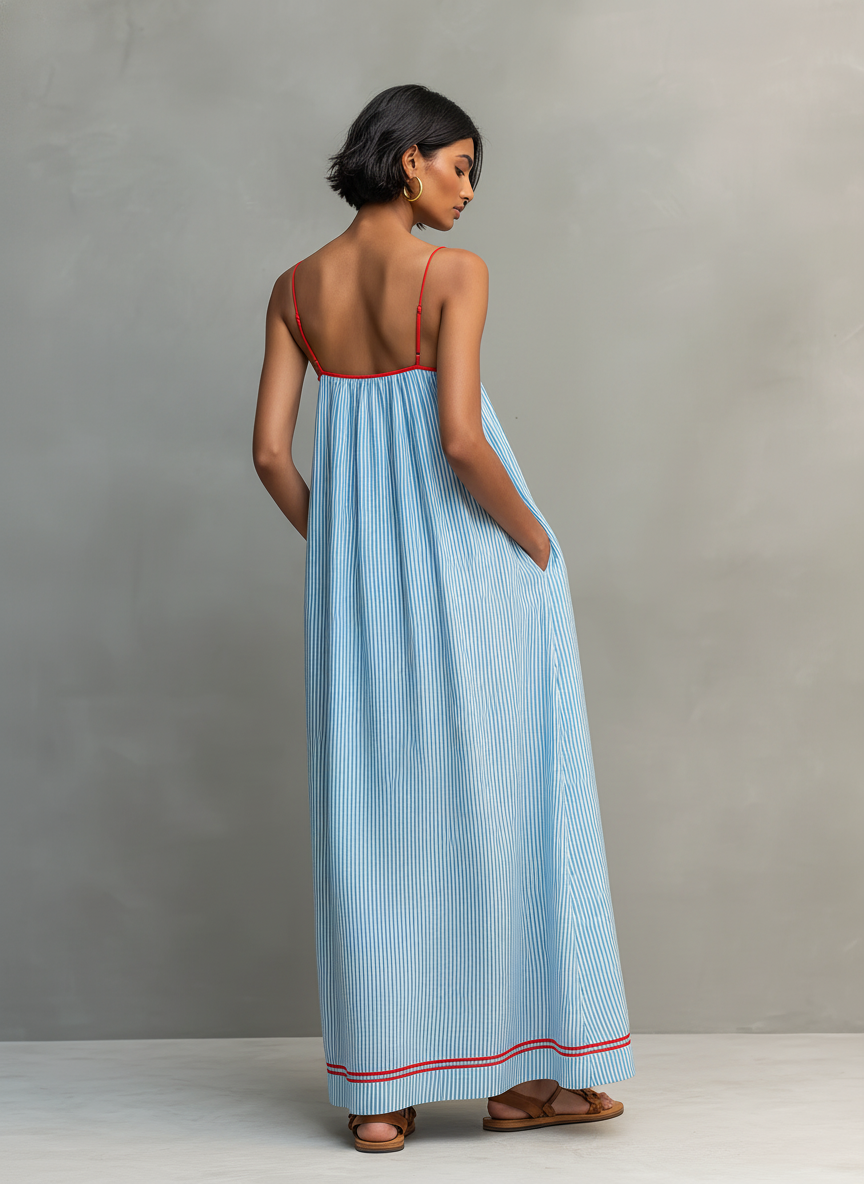 Women’s Minimalist Striped Maxi Dress with Red Trim & Spaghetti Straps