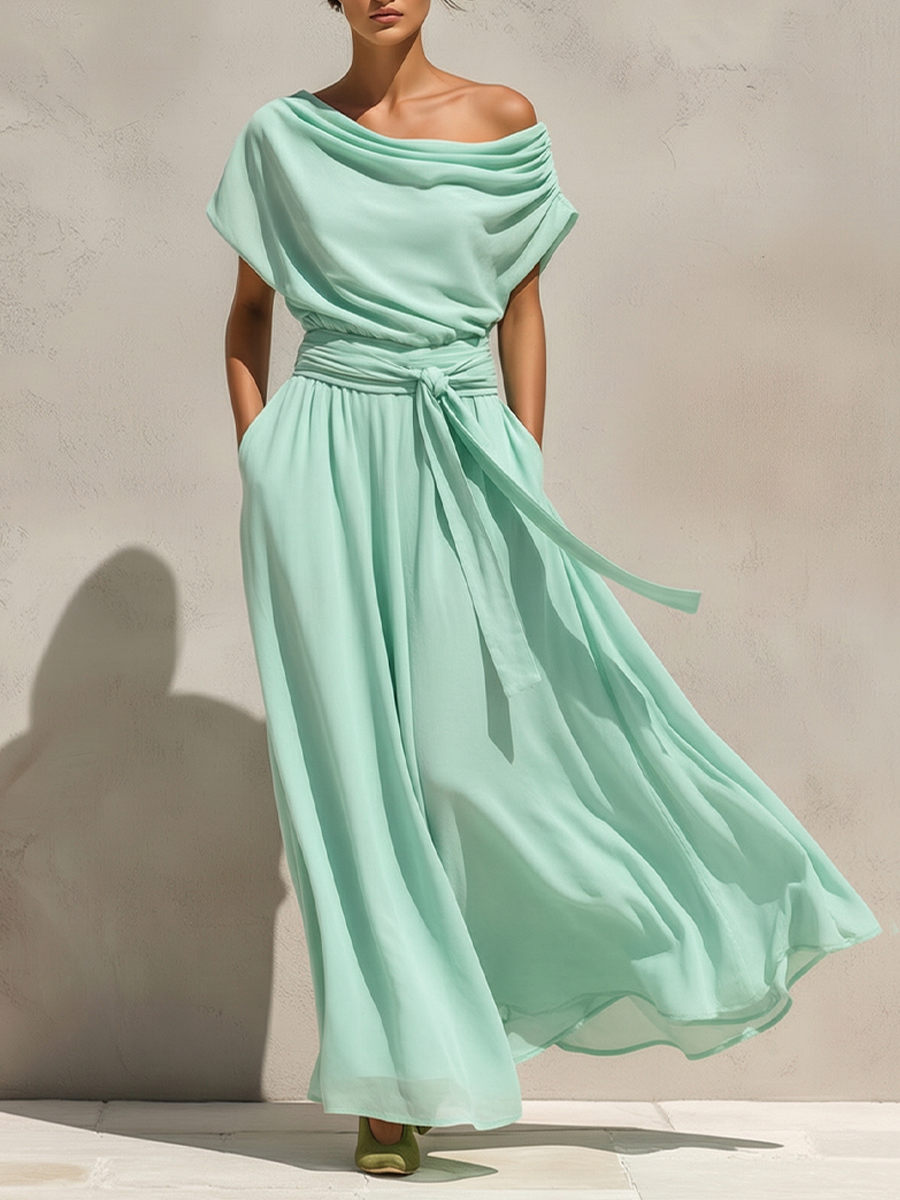 Women’s Mint Green Chiffon Off-Shoulder Draped Maxi Dress with Belted Waist – Romantic Resort Style Gown