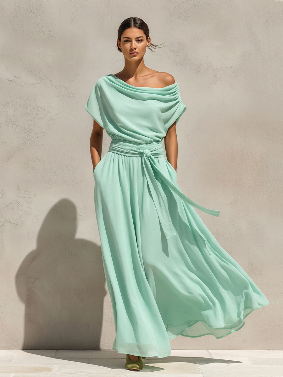 Women’s Mint Green Chiffon Off-Shoulder Draped Maxi Dress with Belted Waist – Romantic Resort Style Gown