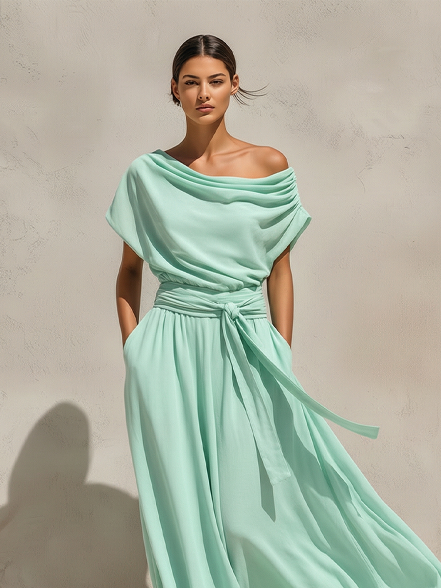 Women’s Mint Green Chiffon Off-Shoulder Draped Maxi Dress with Belted Waist – Romantic Resort Style Gown