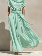 Women’s Mint Green Chiffon Off-Shoulder Draped Maxi Dress with Belted Waist – Romantic Resort Style Gown