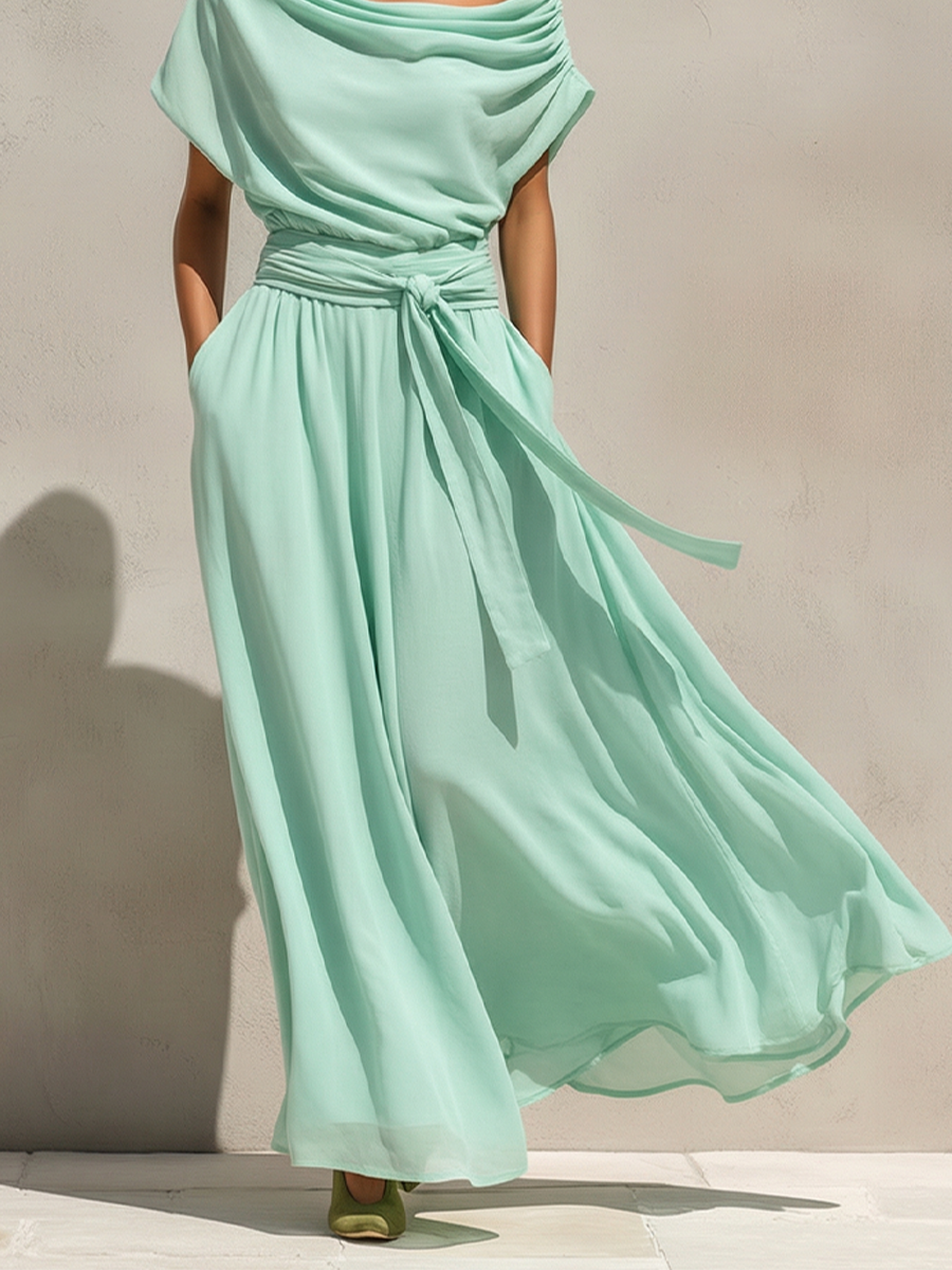 Women’s Mint Green Chiffon Off-Shoulder Draped Maxi Dress with Belted Waist – Romantic Resort Style Gown
