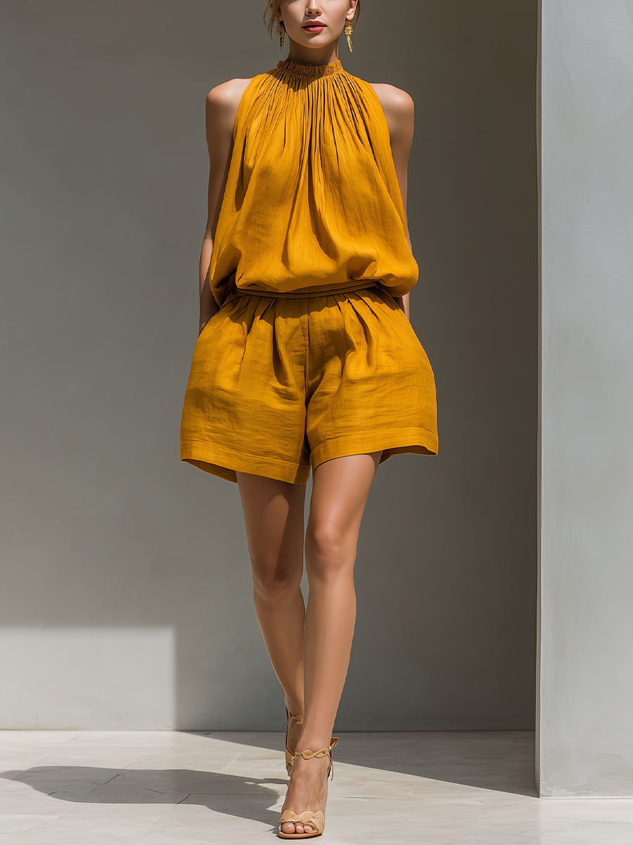Women’s Mustard Yellow Halter Neck Top & High-Waisted Pleated Shorts Set – Two-Piece Summer Outfit