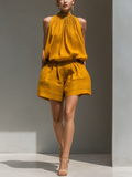 Women’s Mustard Yellow Halter Neck Top & High-Waisted Pleated Shorts Set – Two-Piece Summer Outfit