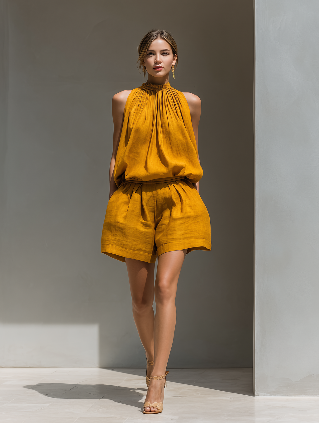 Women’s Mustard Yellow Halter Neck Top & High-Waisted Pleated Shorts Set – Two-Piece Summer Outfit