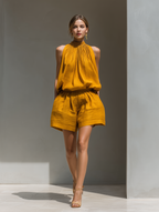 Women’s Mustard Yellow Halter Neck Top & High-Waisted Pleated Shorts Set – Two-Piece Summer Outfit