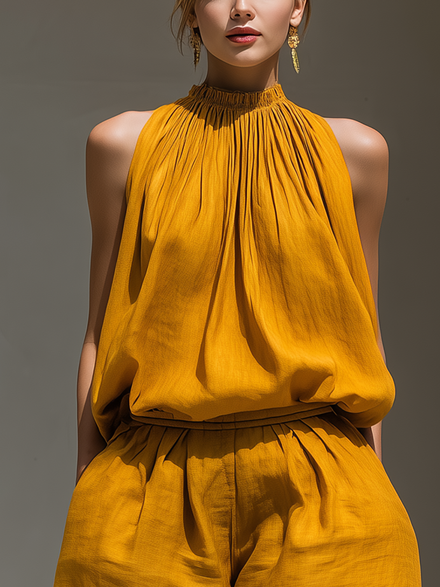 Women’s Mustard Yellow Halter Neck Top & High-Waisted Pleated Shorts Set – Two-Piece Summer Outfit