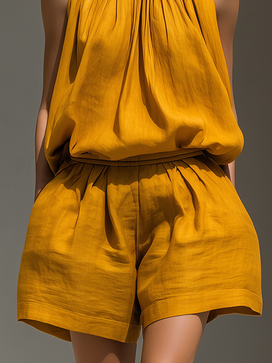 Women’s Mustard Yellow Halter Neck Top & High-Waisted Pleated Shorts Set – Two-Piece Summer Outfit