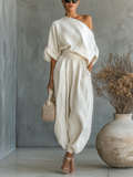 Women’s Off-White Linen Off-Shoulder Two-Piece Set — Loose Top & Tapered Pants Casual Chic Outfit