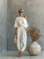 Women’s Off-White Linen Off-Shoulder Two-Piece Set — Loose Top & Tapered Pants Casual Chic Outfit