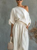 Women’s Off-White Linen Off-Shoulder Two-Piece Set — Loose Top & Tapered Pants Casual Chic Outfit