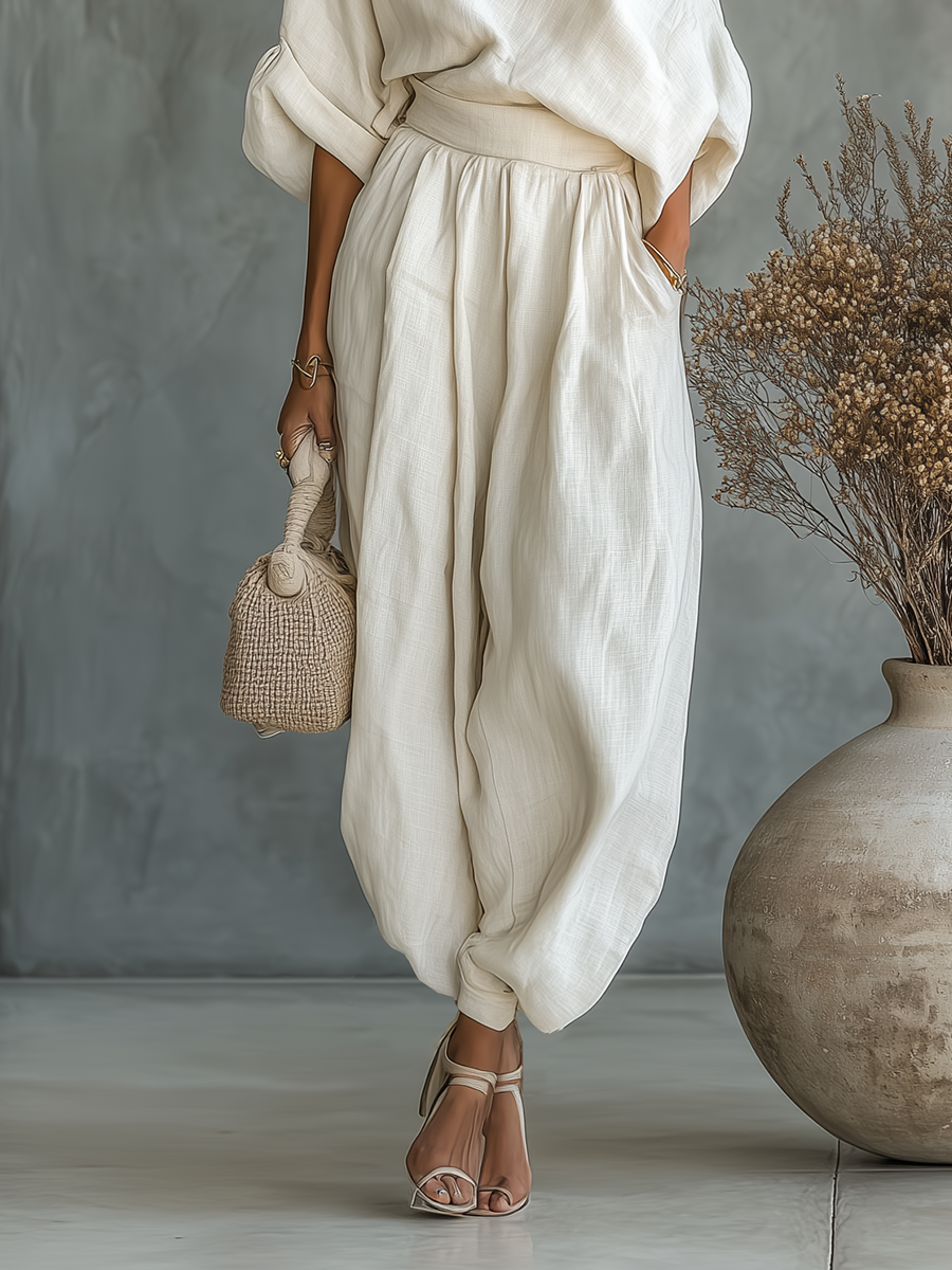 Women’s Off-White Linen Off-Shoulder Two-Piece Set — Loose Top & Tapered Pants Casual Chic Outfit