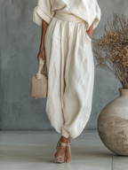 Women’s Off-White Linen Off-Shoulder Two-Piece Set — Loose Top & Tapered Pants Casual Chic Outfit