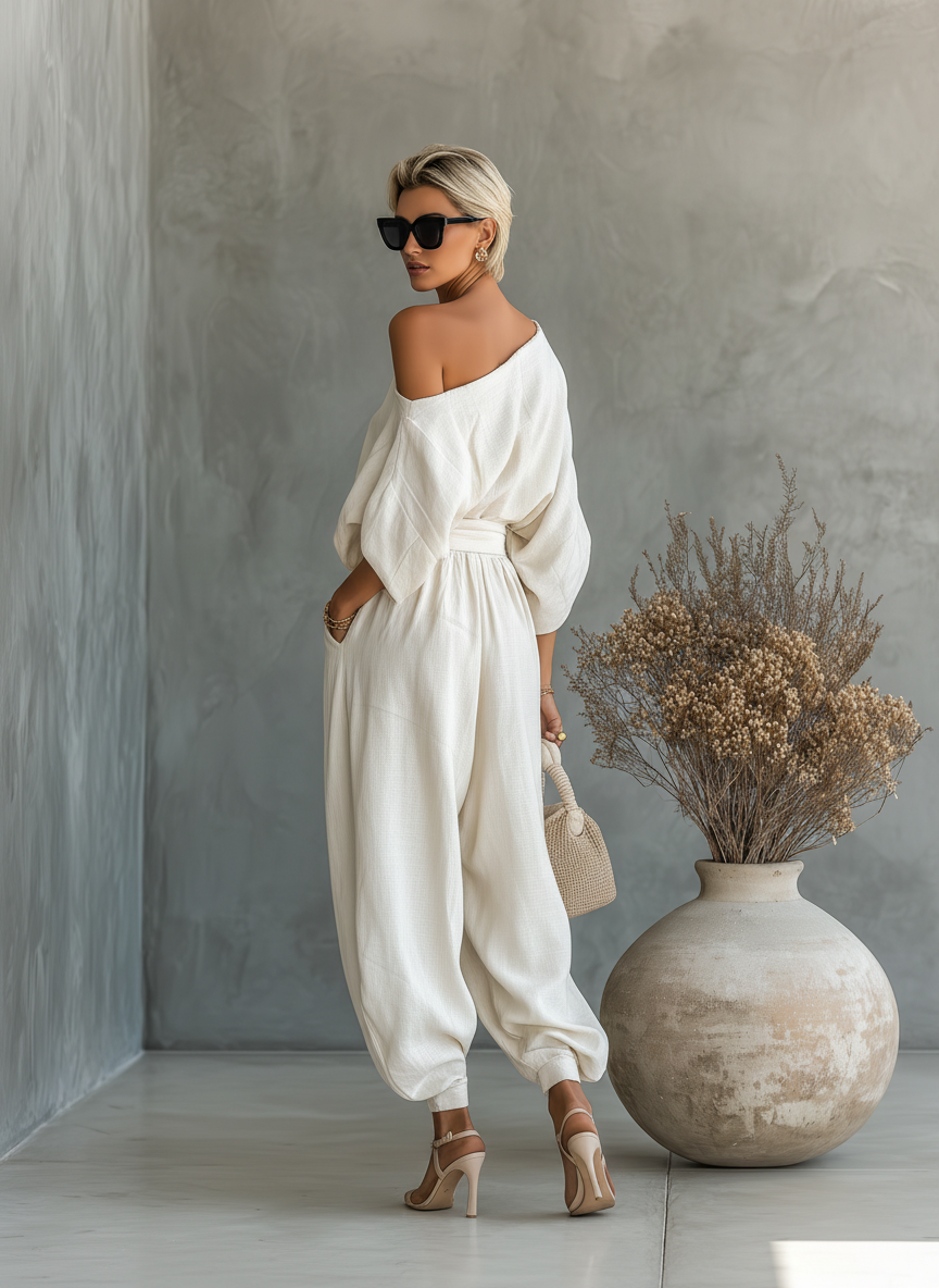 Women’s Off-White Linen Off-Shoulder Two-Piece Set — Loose Top & Tapered Pants Casual Chic Outfit