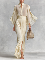 Women’s Pleated Chiffon Two-Piece Set with Stand Collar Trumpet Sleeve Top & Slit Floor-Length Skirt – Elegant Formal Ensemble