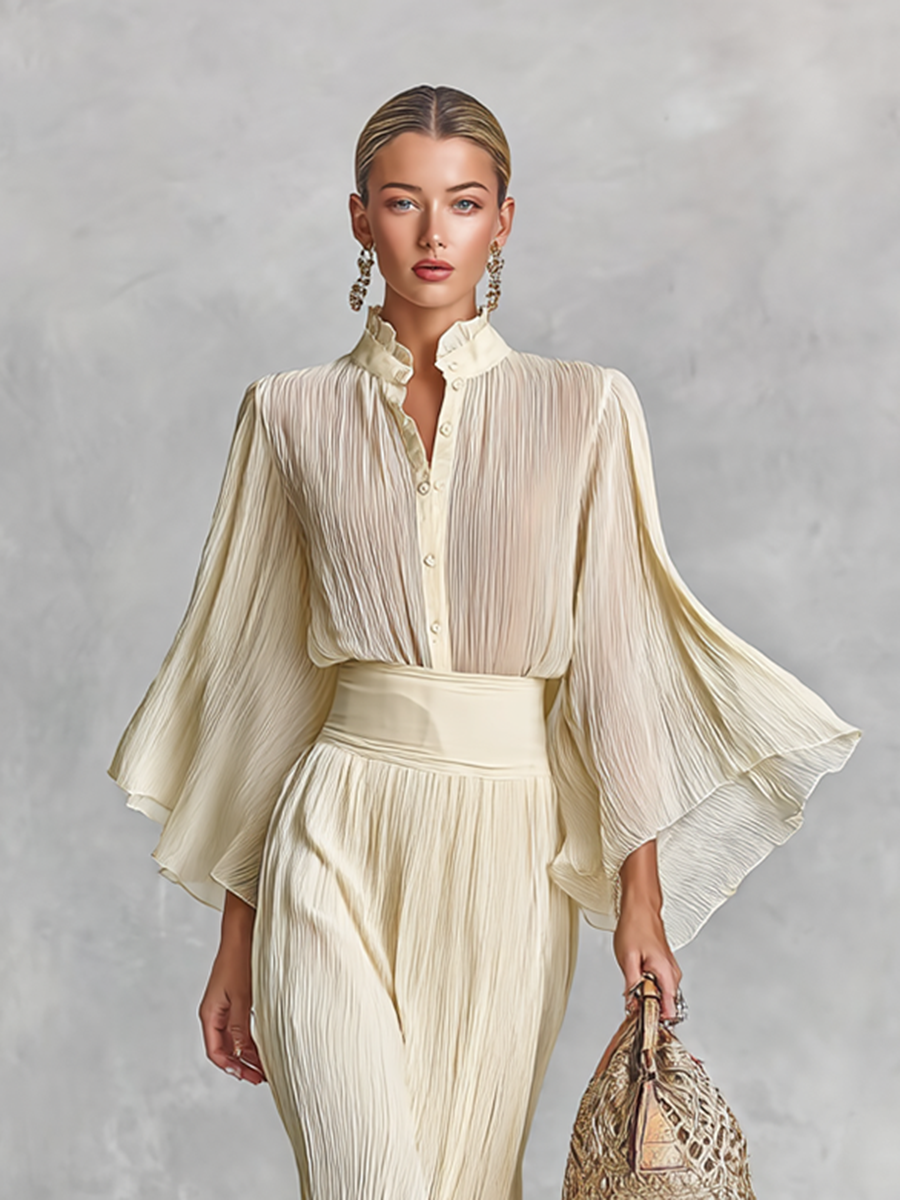 Women’s Pleated Chiffon Two-Piece Set with Stand Collar Trumpet Sleeve Top & Slit Floor-Length Skirt – Elegant Formal Ensemble
