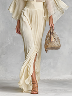 Women’s Pleated Chiffon Two-Piece Set with Stand Collar Trumpet Sleeve Top & Slit Floor-Length Skirt – Elegant Formal Ensemble