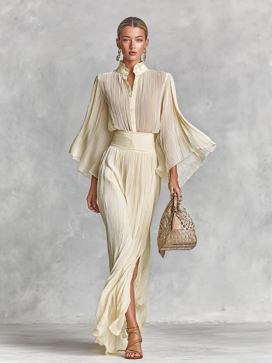 Women’s Pleated Chiffon Two-Piece Set with Stand Collar Trumpet Sleeve Top & Slit Floor-Length Skirt – Elegant Formal Ensemble