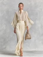 Women’s Pleated Chiffon Two-Piece Set with Stand Collar Trumpet Sleeve Top & Slit Floor-Length Skirt – Elegant Formal Ensemble