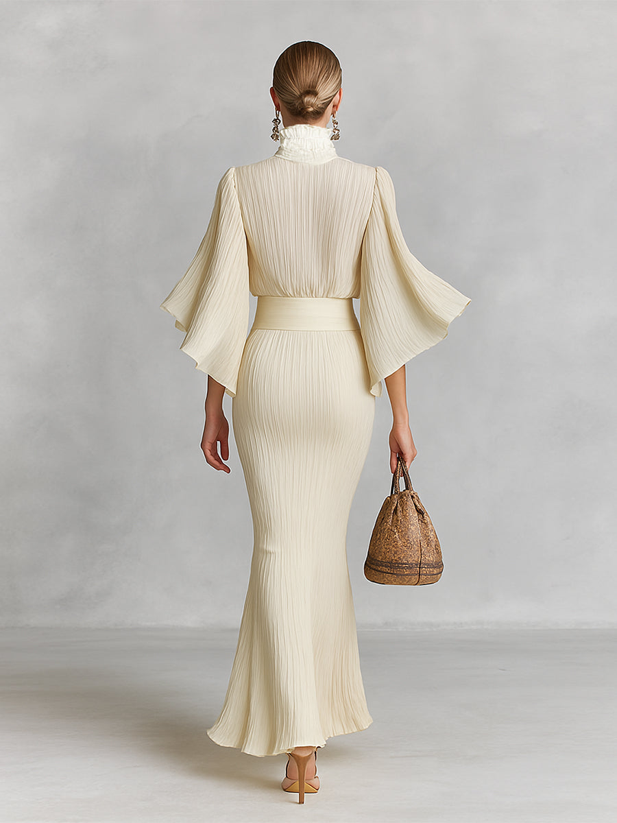 Women’s Pleated Chiffon Two-Piece Set with Stand Collar Trumpet Sleeve Top & Slit Floor-Length Skirt – Elegant Formal Ensemble
