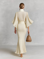 Women’s Pleated Chiffon Two-Piece Set with Stand Collar Trumpet Sleeve Top & Slit Floor-Length Skirt – Elegant Formal Ensemble