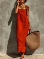 Women’s Red Cotton Spaghetti Strap Square Neck Maxi Dress – Boho Resort Essential