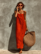 Women’s Red Cotton Spaghetti Strap Square Neck Maxi Dress – Boho Resort Essential