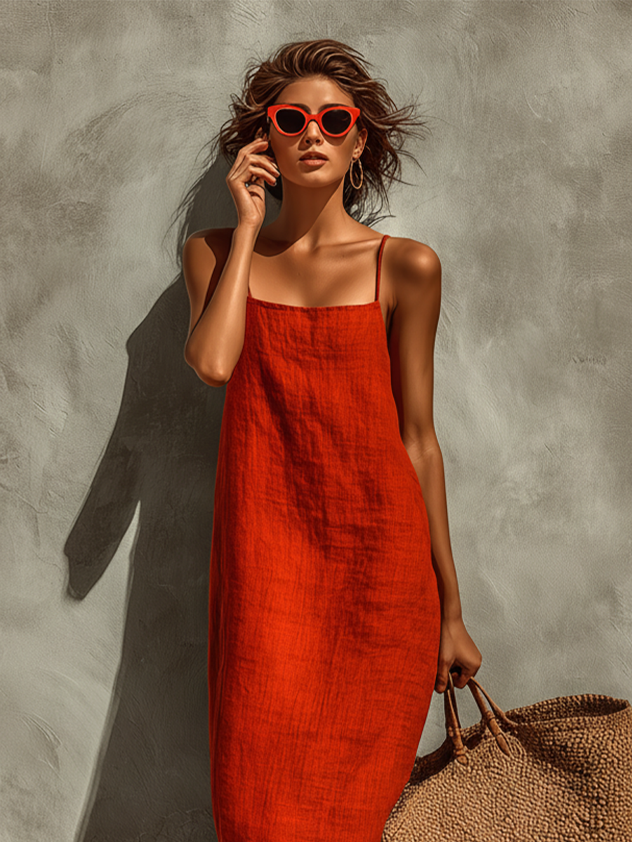 Women’s Red Cotton Spaghetti Strap Square Neck Maxi Dress – Boho Resort Essential