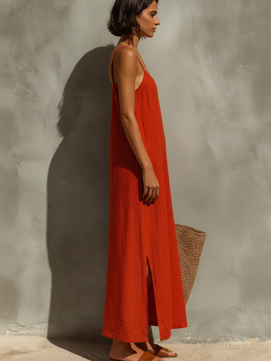 Women’s Red Cotton Spaghetti Strap Square Neck Maxi Dress – Boho Resort Essential