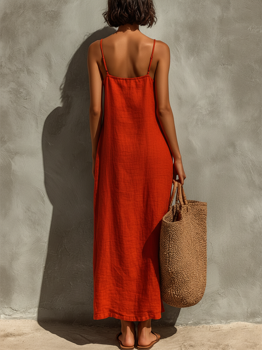 Women’s Red Cotton Spaghetti Strap Square Neck Maxi Dress – Boho Resort Essential