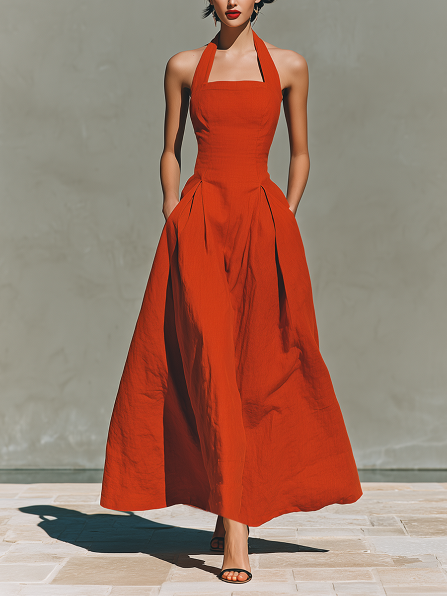 Women’s Red Linen Halter Neck Maxi Dress with Pleated Skirt – Timeless Elegant Resort Style