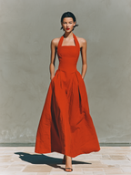 Women’s Red Linen Halter Neck Maxi Dress with Pleated Skirt – Timeless Elegant Resort Style