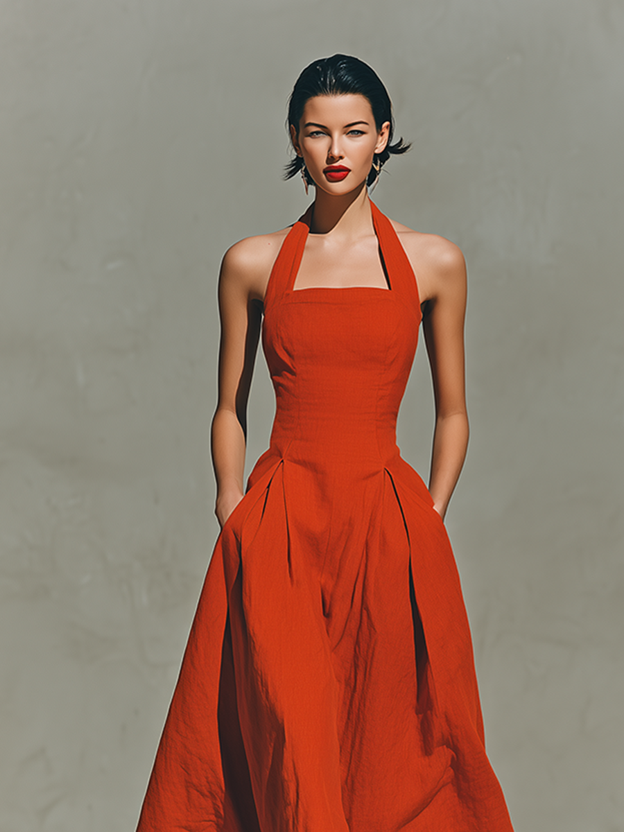 Women’s Red Linen Halter Neck Maxi Dress with Pleated Skirt – Timeless Elegant Resort Style
