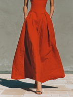 Women’s Red Linen Halter Neck Maxi Dress with Pleated Skirt – Timeless Elegant Resort Style