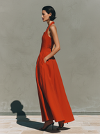 Women’s Red Linen Halter Neck Maxi Dress with Pleated Skirt – Timeless Elegant Resort Style